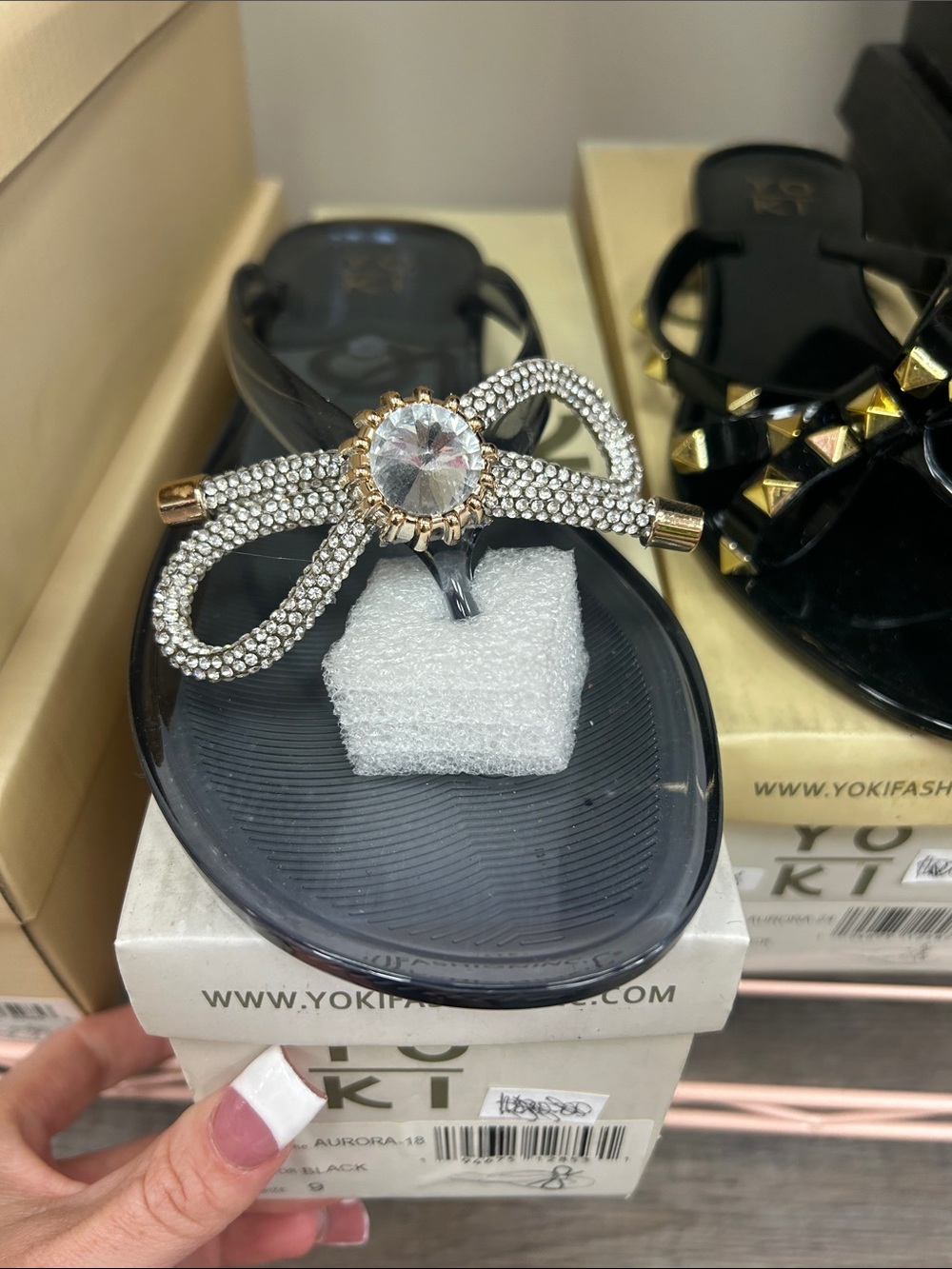 Black Crystal Bow Jelly Sandals